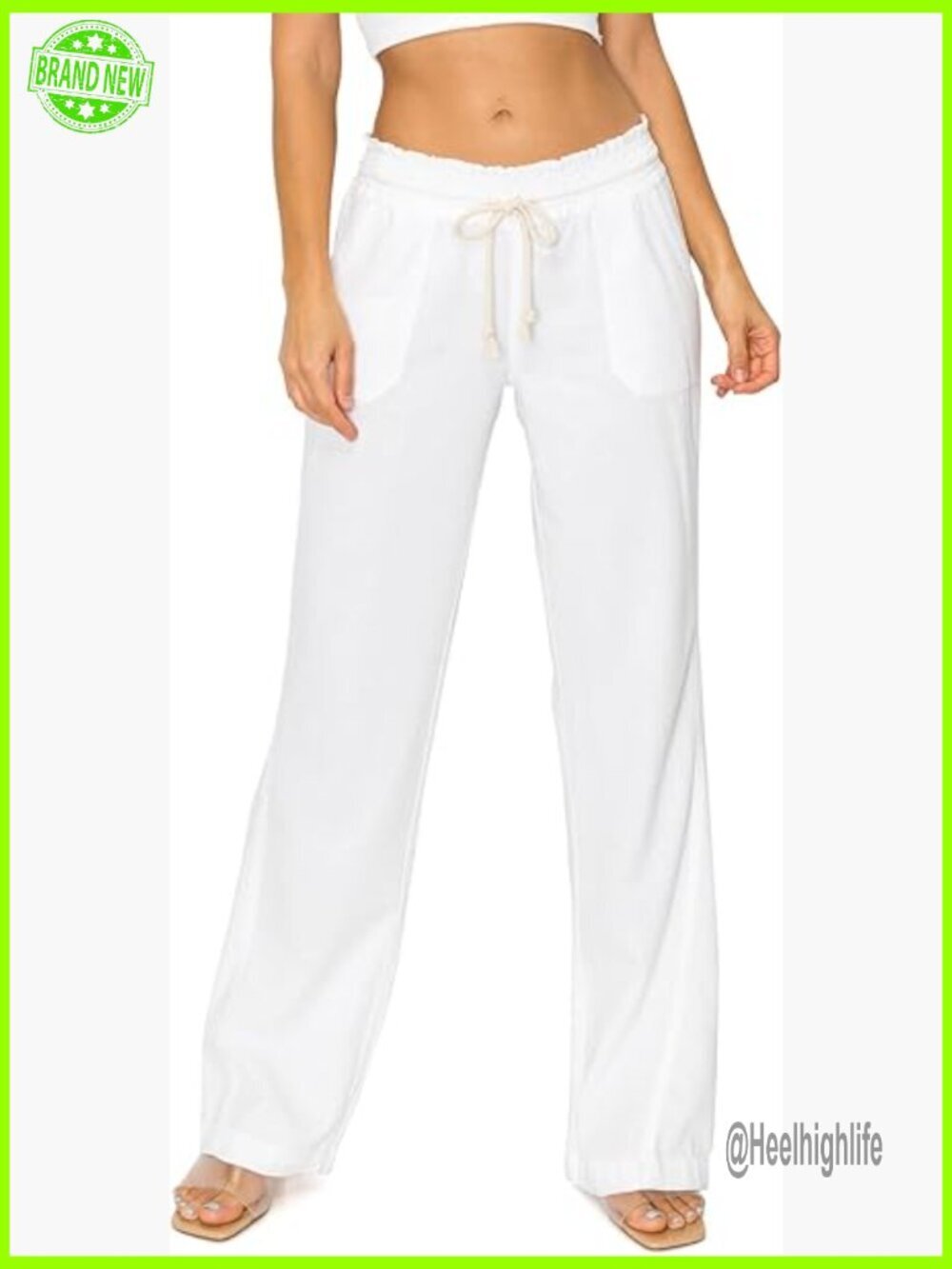 Women's Linen Wide Leg Pants with Pockets Smocked Waist Drawstring 32" Inseam